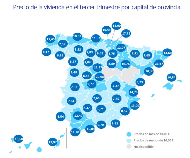 Precio de la vivienda en el tercer trimestre por capital de provincia